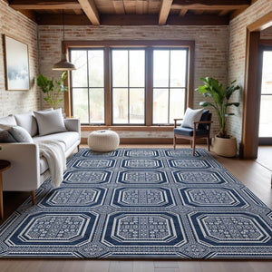 HomeRoots 9' X 12' Navy Blue Geometric Area Rug – Washable, UV Protected, Durable, Ideal for Families & Pets 693815