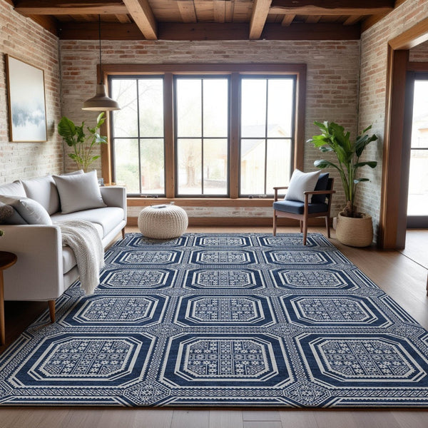 HomeRoots 9' X 12' Navy Blue Geometric Area Rug – Washable, UV Protected, Durable, Ideal for Families & Pets 693815