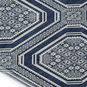 HomeRoots 9' X 12' Navy Blue Geometric Area Rug – Washable, UV Protected, Durable, Ideal for Families & Pets 693815