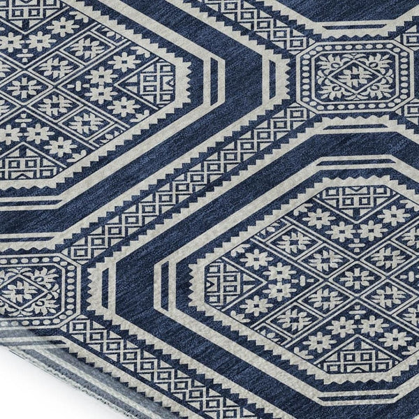 HomeRoots 9' X 12' Navy Blue Geometric Area Rug – Washable, UV Protected, Durable, Ideal for Families & Pets 693815