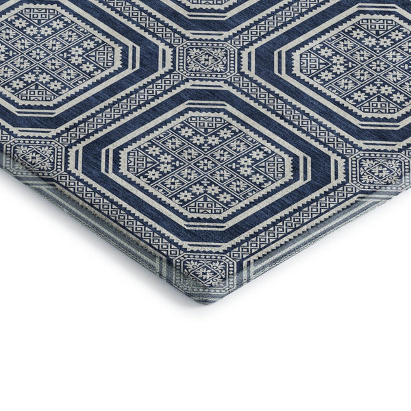 HomeRoots 9' X 12' Navy Blue Geometric Area Rug – Washable, UV Protected, Durable, Ideal for Families & Pets 693815