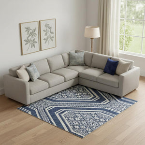 HomeRoots 10' Navy Blue & Ivory Geometric Area Rug - Washable, UV Protected, Stain-Resistant for High Traffic Spaces 693816