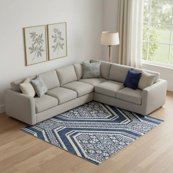 HomeRoots 10' Navy Blue & Ivory Geometric Area Rug - Washable, UV Protected, Stain-Resistant for High Traffic Spaces 693816