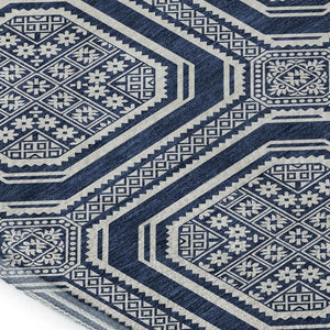 HomeRoots 10' Navy Blue & Ivory Geometric Area Rug - Washable, UV Protected, Stain-Resistant for High Traffic Spaces 693816