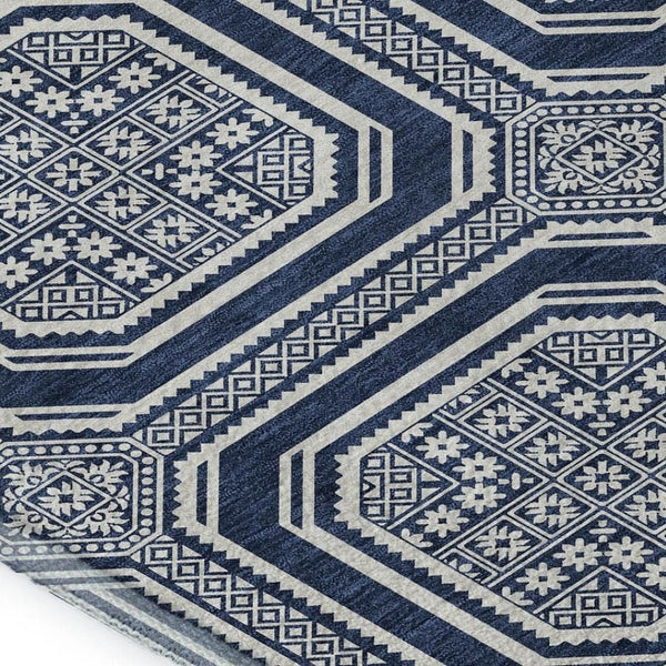 HomeRoots 10' Navy Blue & Ivory Geometric Area Rug - Washable, UV Protected, Stain-Resistant for High Traffic Spaces 693816