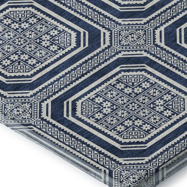 HomeRoots 10' Navy Blue & Ivory Geometric Area Rug - Washable, UV Protected, Stain-Resistant for High Traffic Spaces 693816