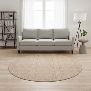 HomeRoots 8' X 8' Peach & Ivory Geometric Round Rug - Washable, UV Protected, Durable for Kids & Pets! 693819