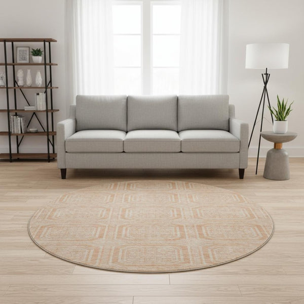 HomeRoots 8' X 8' Peach & Ivory Geometric Round Rug - Washable, UV Protected, Durable for Kids & Pets! 693819