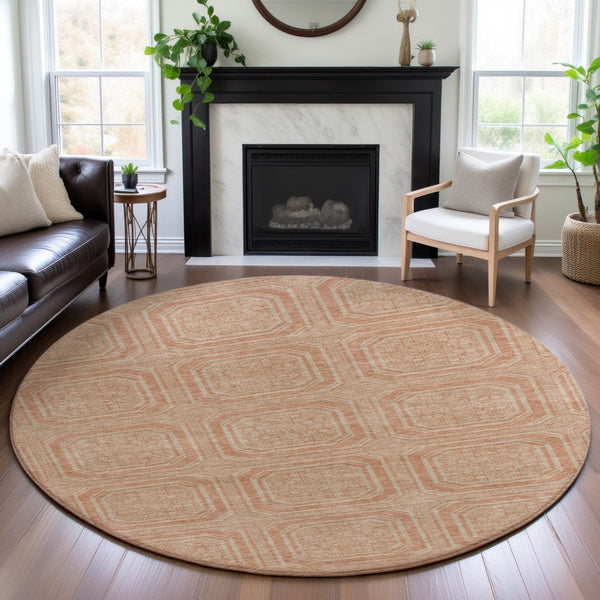 HomeRoots 8' X 8' Peach & Ivory Geometric Round Rug - Washable, UV Protected, Durable for Kids & Pets! 693819