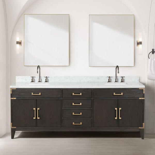 English Elm Brown Oak Double Bath Vanity Set With Carrara Marble Top, Chrome Faucets & 36" Mirrors - Elevate Style! B2731S01878
