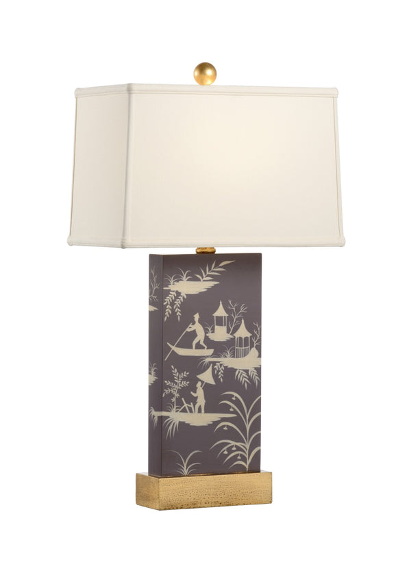 Chelsea House Chinoiserie Hand-Painted Plum Lacquer Panel Lamp With Antique Gold Accents For Elegant Spaces 69382