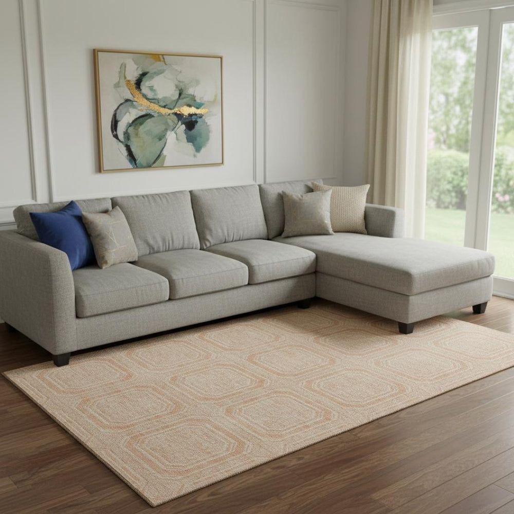 HomeRoots 8' Peach and Ivory Geometric Area Rug - Washable, UV-Protected, Stain Resistant for Modern Living Spaces 693820
