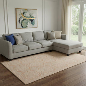HomeRoots 8' Peach and Ivory Geometric Area Rug - Washable, UV-Protected, Stain Resistant for Modern Living Spaces 693820