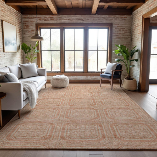 HomeRoots 10' X 14' Peach and Ivory Geometric Area Rug – Durable, Washable, UV-Protected for Busy Homes! 693822