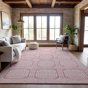 HomeRoots 5' X 8' Pink and Ivory Geometric Area Rug - Washable, UV Protected, Perfect for High Traffic Homes! 693824