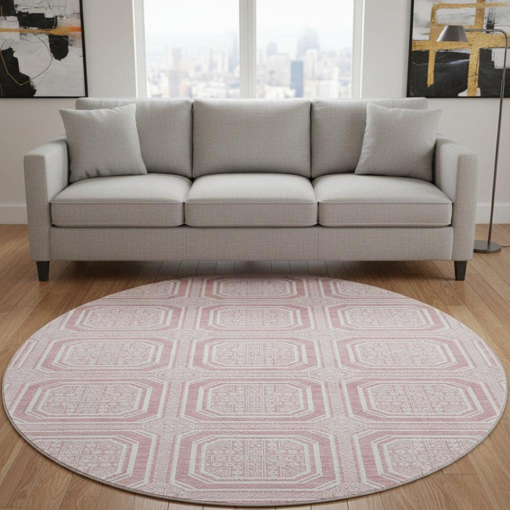 HomeRoots 8' X 8' Stylish Pink and Ivory Geometric Round Rug - Washable, UV-Protected, and Durable for Homes 693825