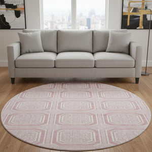 HomeRoots 8' X 8' Stylish Pink and Ivory Geometric Round Rug - Washable, UV-Protected, and Durable for Homes 693825