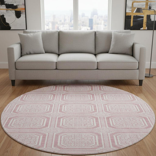 HomeRoots 8' X 8' Stylish Pink and Ivory Geometric Round Rug - Washable, UV-Protected, and Durable for Homes 693825