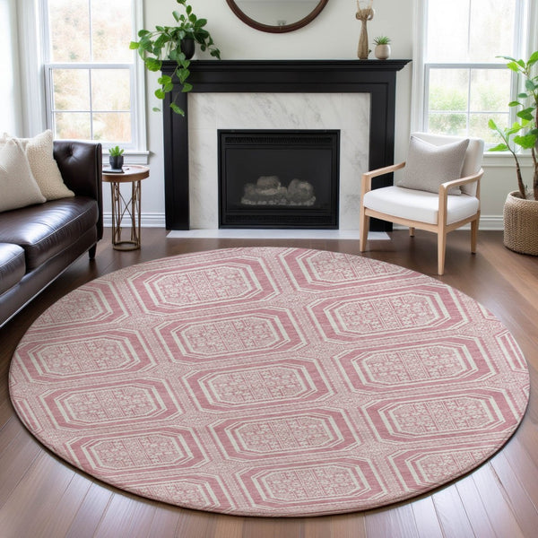 HomeRoots 8' X 8' Stylish Pink and Ivory Geometric Round Rug - Washable, UV-Protected, and Durable for Homes 693825