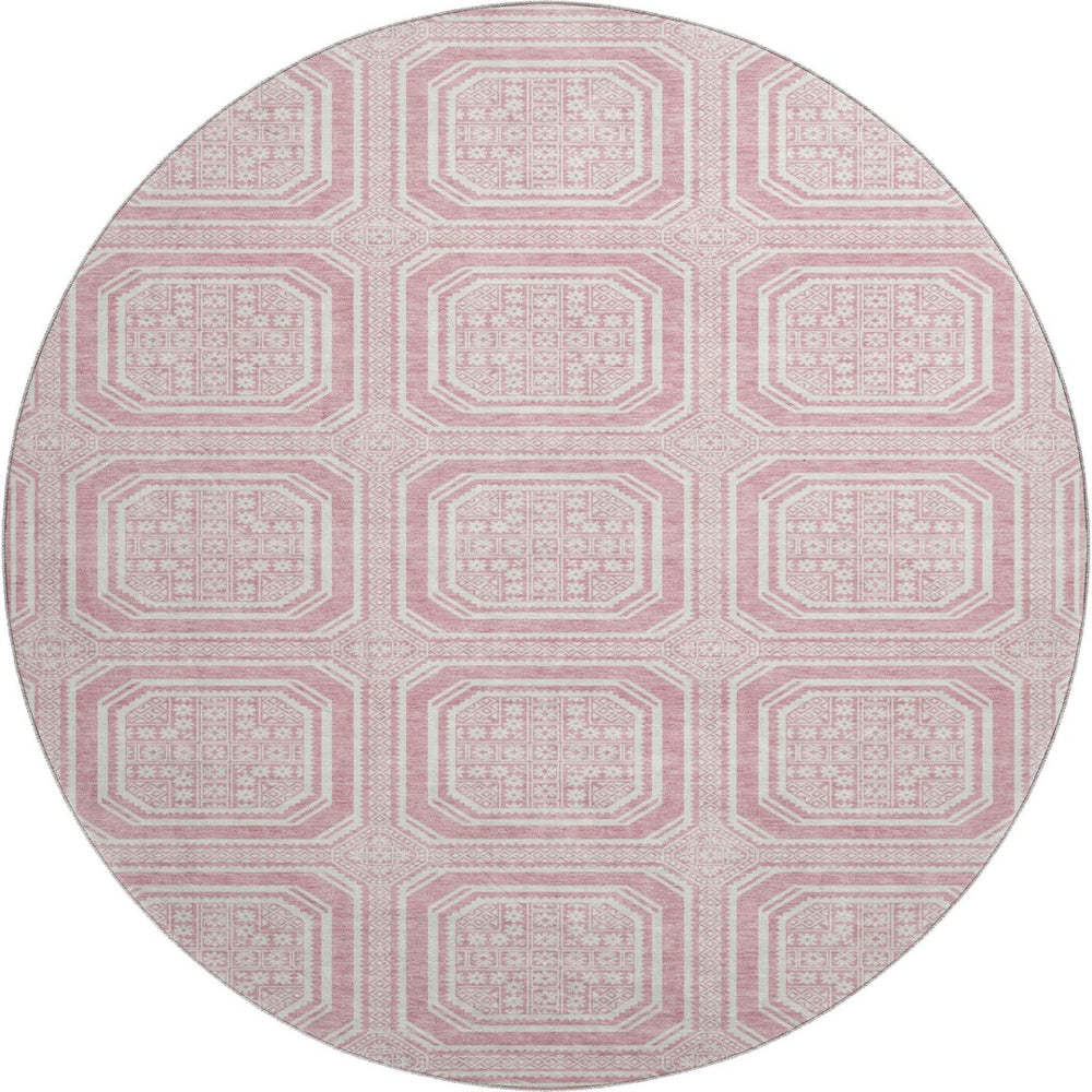 HomeRoots 8' X 8' Stylish Pink and Ivory Geometric Round Rug - Washable, UV-Protected, and Durable for Homes 693825
