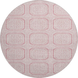 HomeRoots 8' X 8' Stylish Pink and Ivory Geometric Round Rug - Washable, UV-Protected, and Durable for Homes 693825