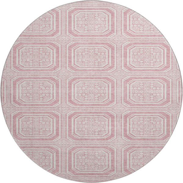 HomeRoots 8' X 8' Stylish Pink and Ivory Geometric Round Rug - Washable, UV-Protected, and Durable for Homes 693825