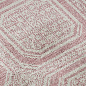 HomeRoots 8' X 8' Stylish Pink and Ivory Geometric Round Rug - Washable, UV-Protected, and Durable for Homes 693825
