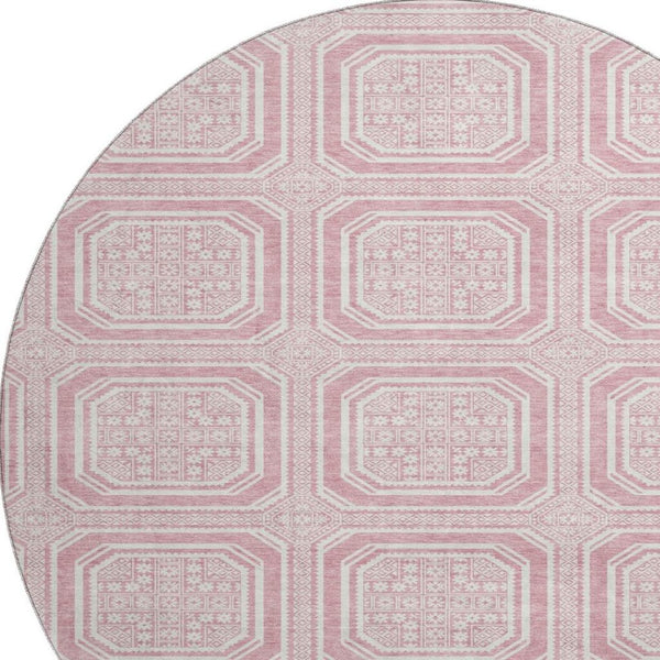 HomeRoots 8' X 8' Stylish Pink and Ivory Geometric Round Rug - Washable, UV-Protected, and Durable for Homes 693825