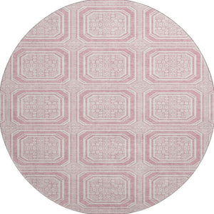 HomeRoots 8' X 8' Stylish Pink and Ivory Geometric Round Rug - Washable, UV-Protected, and Durable for Homes 693825