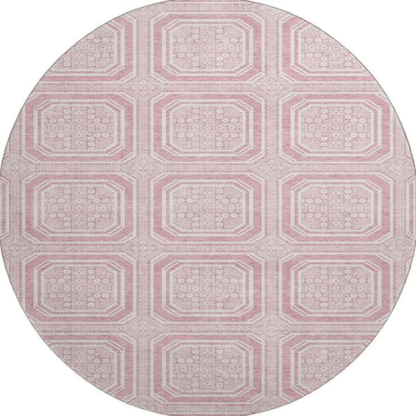 HomeRoots 8' X 8' Stylish Pink and Ivory Geometric Round Rug - Washable, UV-Protected, and Durable for Homes 693825