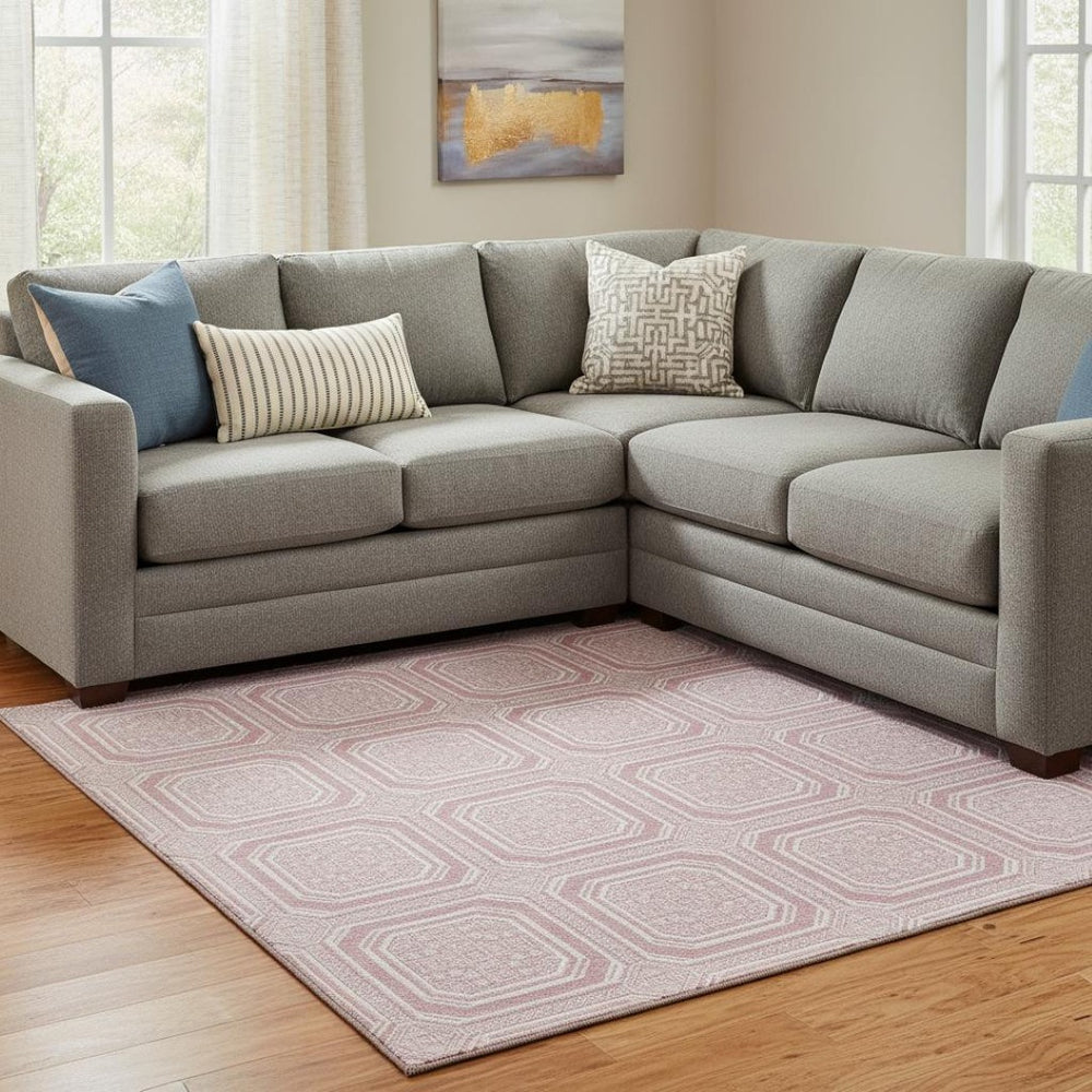 HomeRoots 8' Pink and Ivory Geometric Area Rug - Durable, Washable, UV-Protected for Modern Spaces & Families 693826