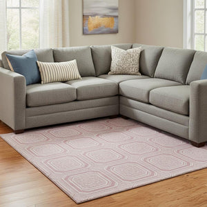 HomeRoots 8' Pink and Ivory Geometric Area Rug - Durable, Washable, UV-Protected for Modern Spaces & Families 693826