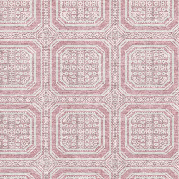HomeRoots 8' Pink and Ivory Geometric Area Rug - Durable, Washable, UV-Protected for Modern Spaces & Families 693826