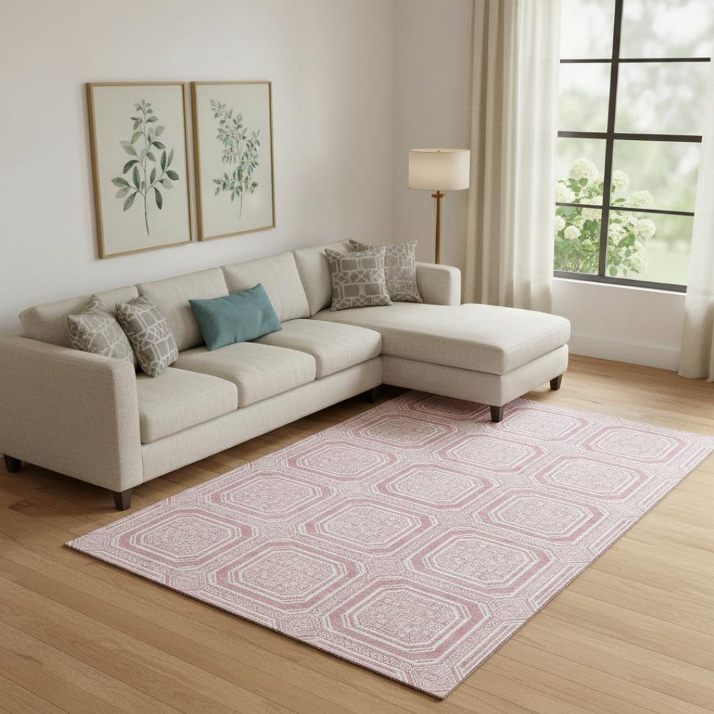 HomeRoots 9' X 12' Pink And Ivory Geometric Area Rug - Washable, UV-Protected, Stylish & Durable for Any Room 693827