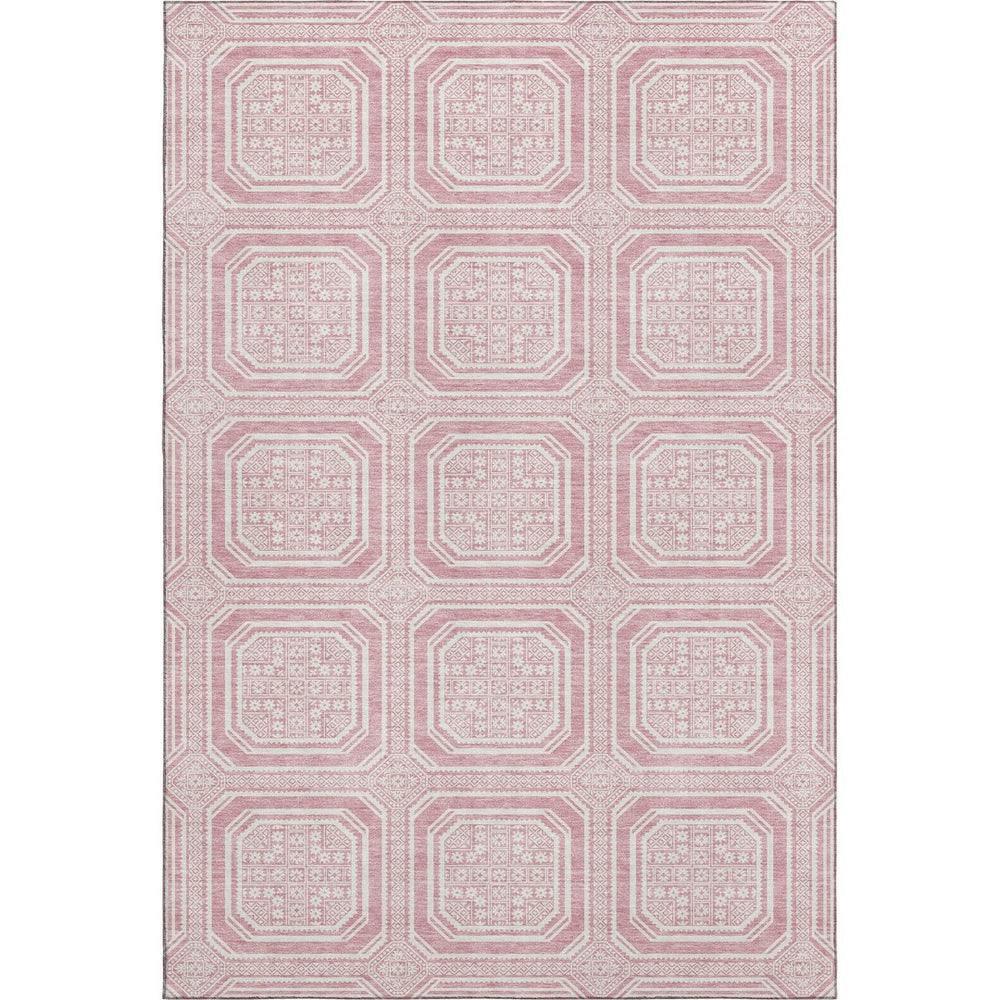 HomeRoots 9' X 12' Pink And Ivory Geometric Area Rug - Washable, UV-Protected, Stylish & Durable for Any Room 693827