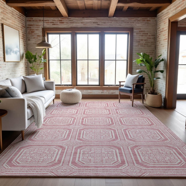 HomeRoots 10' X 14' Pink and Ivory Geometric Washable Area Rug - Stylish, Durable, UV-Protected Home Essential! 693828