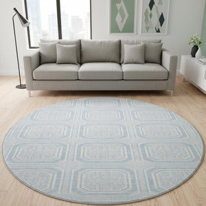 HomeRoots 8' Round Sky Blue & Ivory Geometric Washable Rug - Durable, Stain Resistant & UV Protected Decor Piece 693831