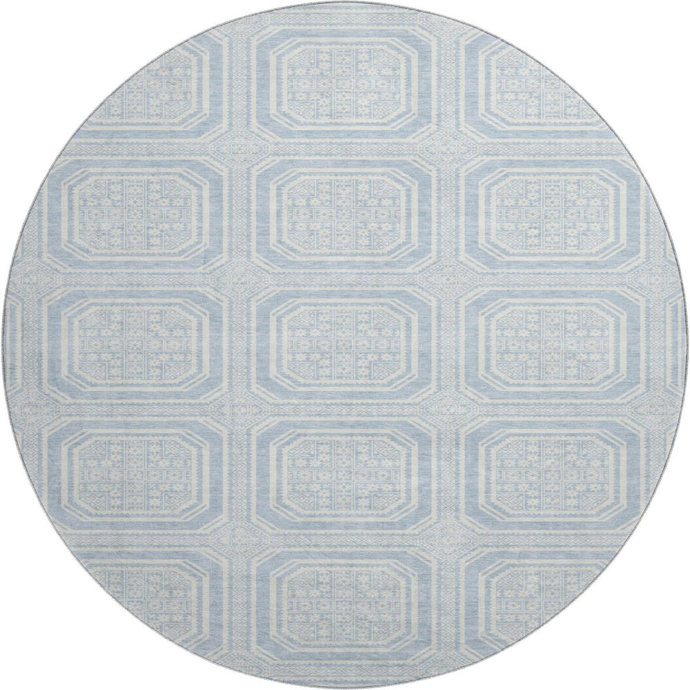 HomeRoots 8' Round Sky Blue & Ivory Geometric Washable Rug - Durable, Stain Resistant & UV Protected Decor Piece 693831