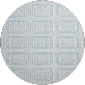 HomeRoots 8' Round Sky Blue & Ivory Geometric Washable Rug - Durable, Stain Resistant & UV Protected Decor Piece 693831