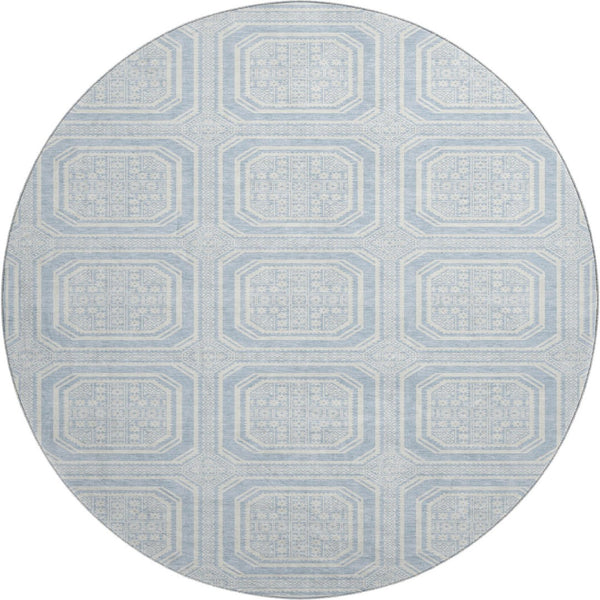 HomeRoots 8' Round Sky Blue & Ivory Geometric Washable Rug - Durable, Stain Resistant & UV Protected Decor Piece 693831