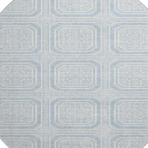 HomeRoots 8' Round Sky Blue & Ivory Geometric Washable Rug - Durable, Stain Resistant & UV Protected Decor Piece 693831