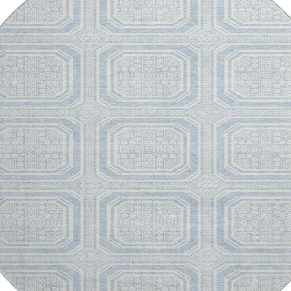 HomeRoots 8' Round Sky Blue & Ivory Geometric Washable Rug - Durable, Stain Resistant & UV Protected Decor Piece 693831