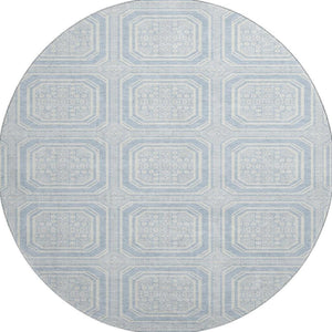 HomeRoots 8' Round Sky Blue & Ivory Geometric Washable Rug - Durable, Stain Resistant & UV Protected Decor Piece 693831