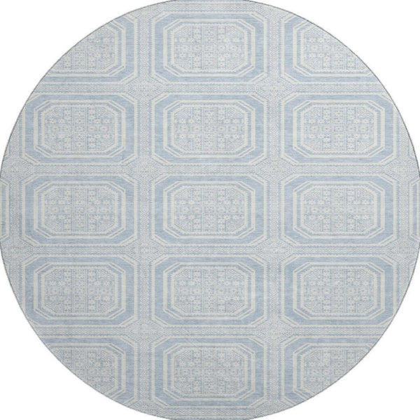 HomeRoots 8' Round Sky Blue & Ivory Geometric Washable Rug - Durable, Stain Resistant & UV Protected Decor Piece 693831