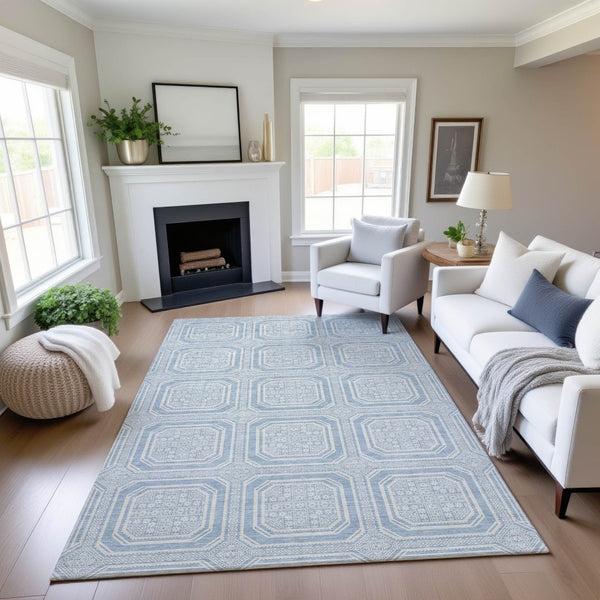 HomeRoots 8' Sky Blue & Ivory Geometric Area Rug - Durable, Stain-Resistant, UV-Protected, Non-Slip Design 693832