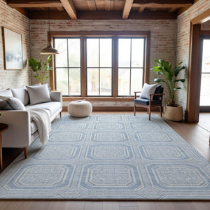 HomeRoots 8' Sky Blue & Ivory Geometric Area Rug - Durable, Stain-Resistant, UV-Protected, Non-Slip Design 693832