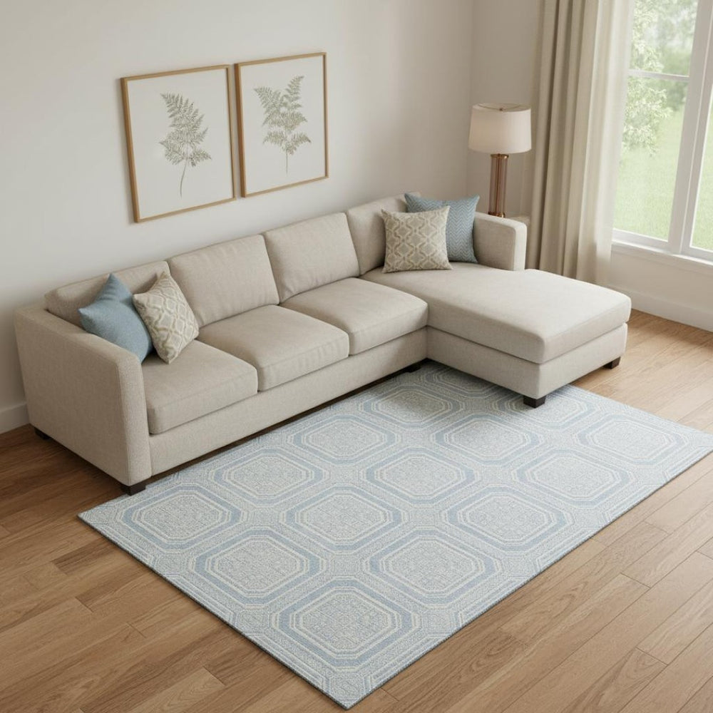 HomeRoots 9' X 12' Sky Blue & Ivory Geometric Washable Area Rug - Durable, UV Protected & Easy-Care Solution 693833