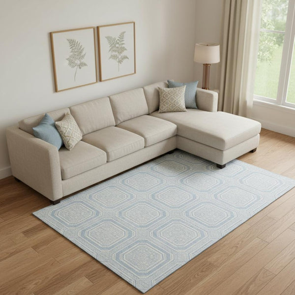 HomeRoots 9' X 12' Sky Blue & Ivory Geometric Washable Area Rug - Durable, UV Protected & Easy-Care Solution 693833