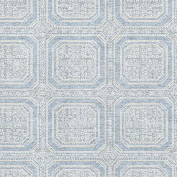 HomeRoots 9' X 12' Sky Blue & Ivory Geometric Washable Area Rug - Durable, UV Protected & Easy-Care Solution 693833