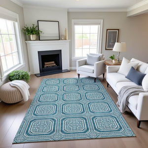 HomeRoots 5' X 8' Teal And Ivory Geometric Area Rug – Washable, Stain-Resistant, UV Protected for Homes 693836